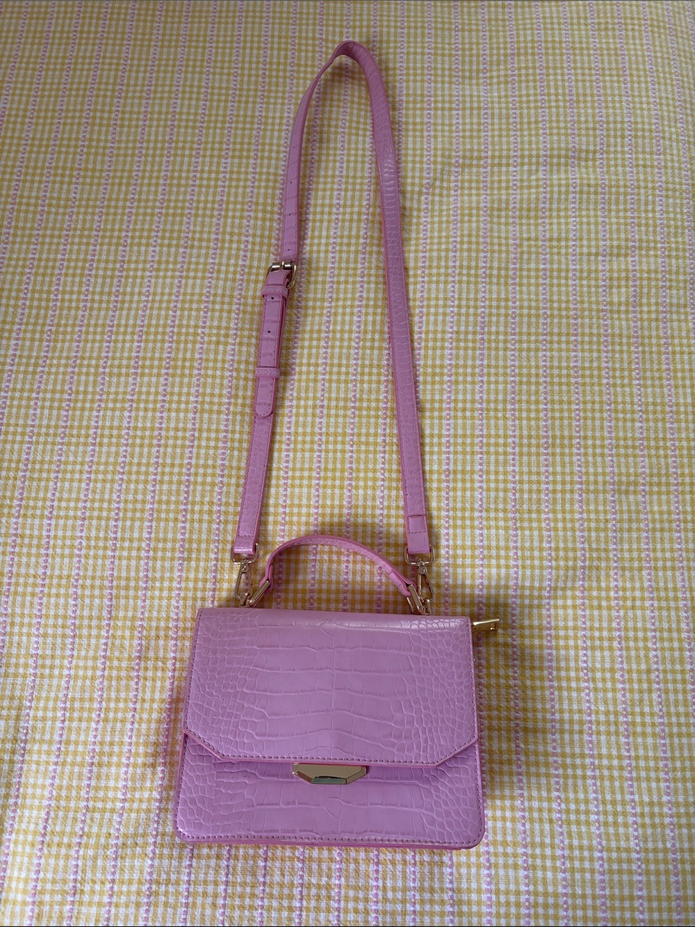 Pink Croc-Embossed Top-Handle Crossbody Bag